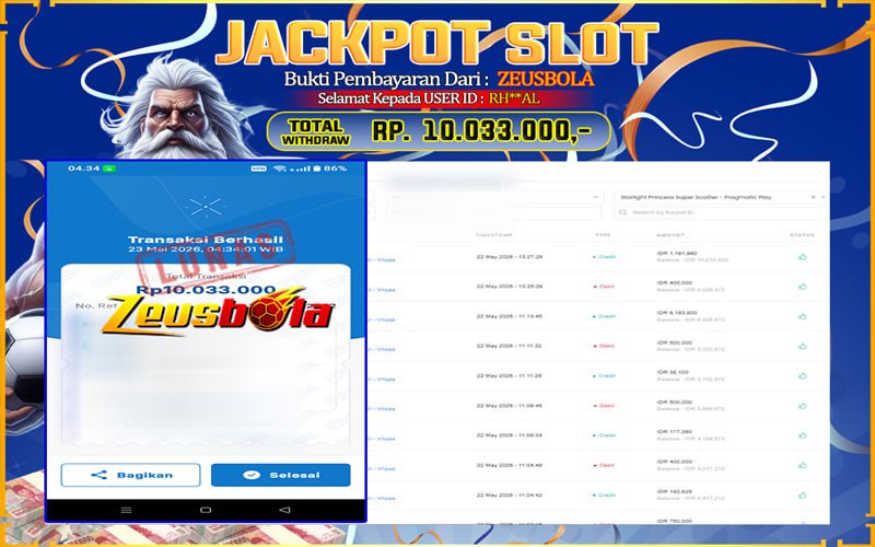 Bukti Kemenangan Member Setia Kami RH**AL Sebesar Rp 10.033.000 di Permainan SLOT