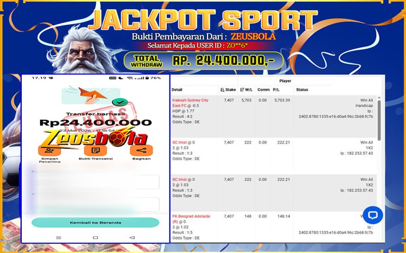 Bukti Kemenangan Member Setia Kami ZO**6* Sebesar Rp 24.400.000 di Permainan CMD Sports