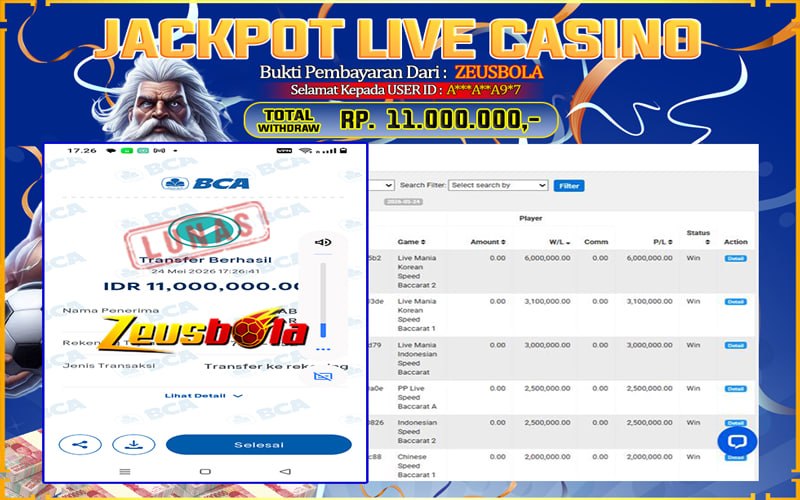 Bukti Kemenangan Member Setia Kami A***A**A9*7 Sebesar Rp 11.000.000 di Permainan PP Live Dealer