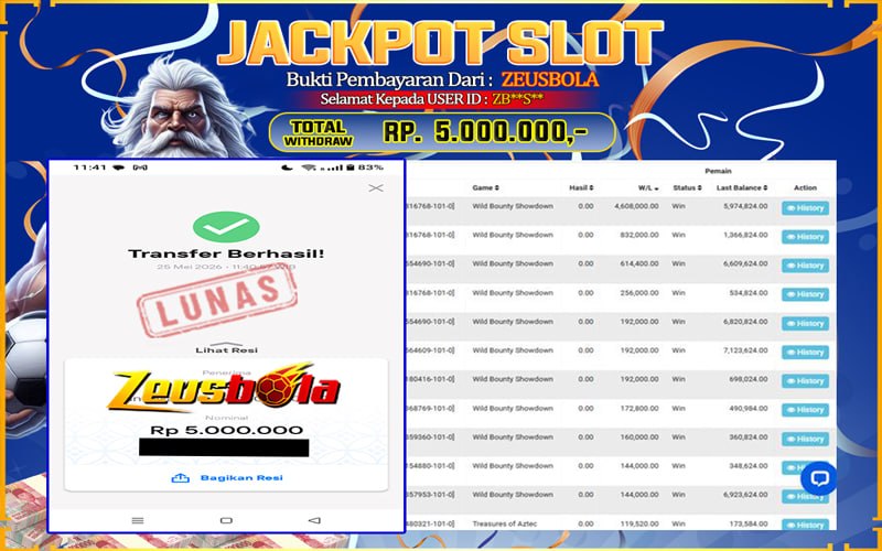 Bukti Kemenangan Member Setia Kami ZB**S** Sebesar Rp 5.000.000 di Permainan Wild Bounty Showdown