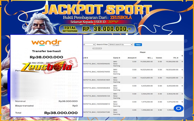 Bukti Kemenangan Member Setia Kami ZO**6* Sebesar Rp 38.000.000 di Permainan CMD Sports