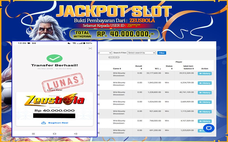 Bukti Kemenangan Member Setia Kami ZB**S** Sebesar Rp 40.000.000 di Permainan PG