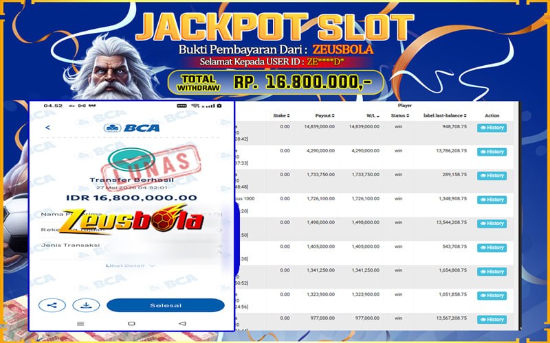 Bukti Kemenangan Member Setia Kami ZE****D* Sebesar Rp 16.800.000 di Permainan Pragmatic