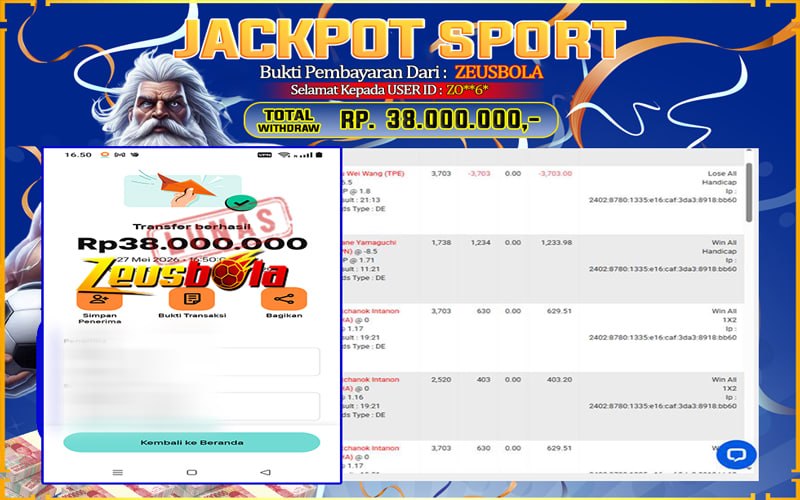 Bukti Kemenangan Member Setia Kami ZO**6* Sebesar Rp 38.000.000 di Permainan CMD Sports