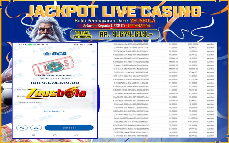 Bukti Kemenangan Member Setia Kami L***ANA**06 Sebesar Rp 9.674.619 di Permainan Live casino