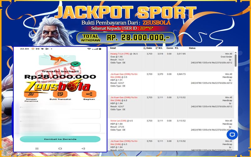 Bukti Kemenangan Member Setia Kami ZO**6* Sebesar Rp 28.000.000 di Permainan CMD Sports