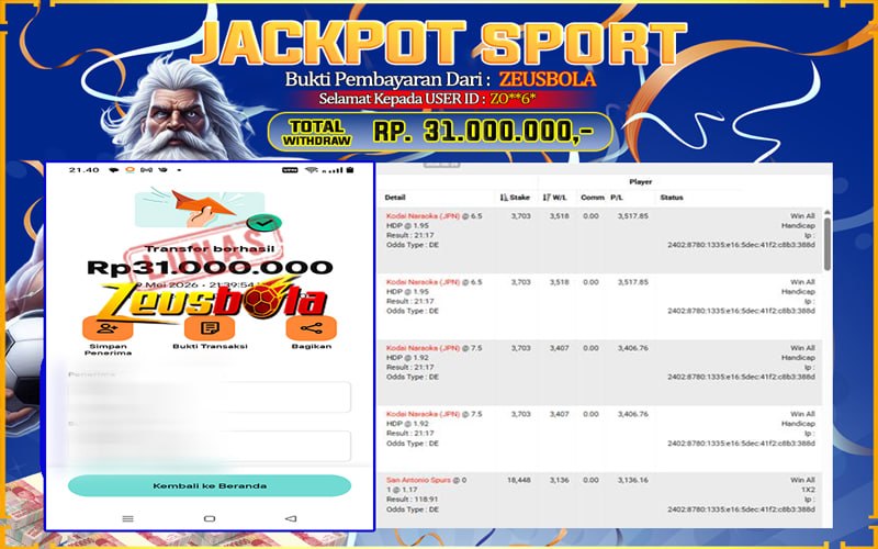 Bukti Kemenangan Member Setia Kami ZO**6* Sebesar Rp 31.000.000 di Permainan CMD Sports