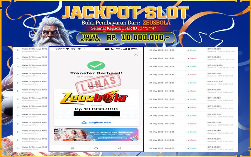 Bukti Kemenangan Member Setia Kami Z**S**4* Sebesar Rp 10.000.000 di Permainan Gates Of Olympus 1000