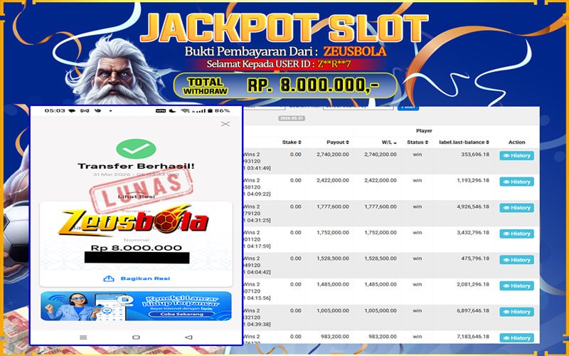 Bukti Kemenangan Member Setia Kami Z**R**7 Sebesar Rp 8.000.000 di Permainan Mahjong Wins 2