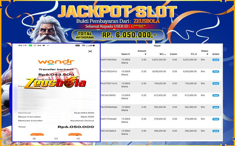 Bukti Kemenangan Member Setia Kami G***BE* Sebesar Rp 6.050.000 di Permainan Pragmatic SM